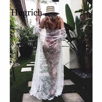 

2020 Women Lace Hollow Crochet Swimwear Bikini Long Sleeve Cover Up Beach Dress Sarongs