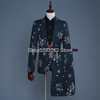 

Groom Dress Suit Performance Suit Male Gentleman Host Mc Nightclub Singer Theme Pentagram Black Printing
