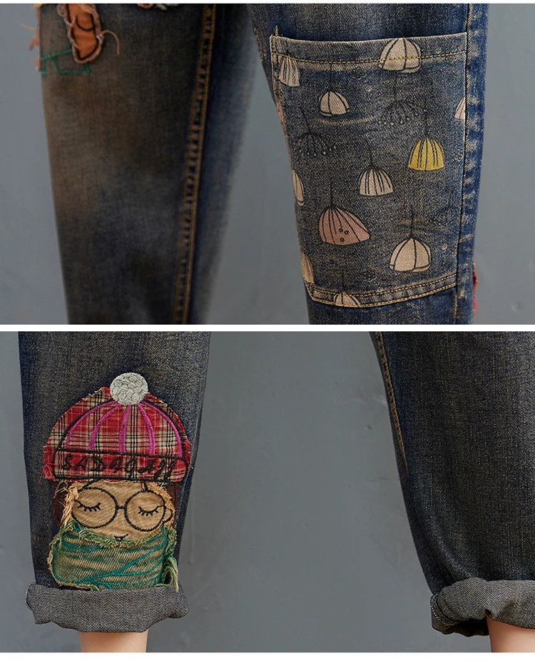 fashion clothing 6537 Cartoon Litter Girl Embroidery Denim Pants For Women Trendy Hole Casual High Waist Breeches Pockets Mom Harem Blue Jeans ladies jeans