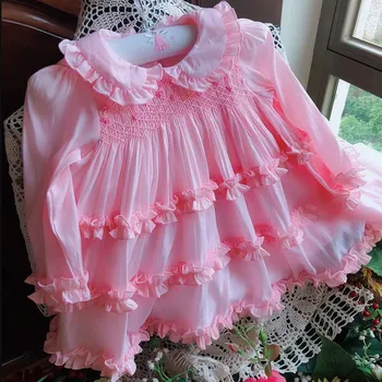 

2020 New Baby Girls Princess Elegant Smocked Dress three quarter sleeve Kids Girls Solid Handmade Smocking Dresses Cotton