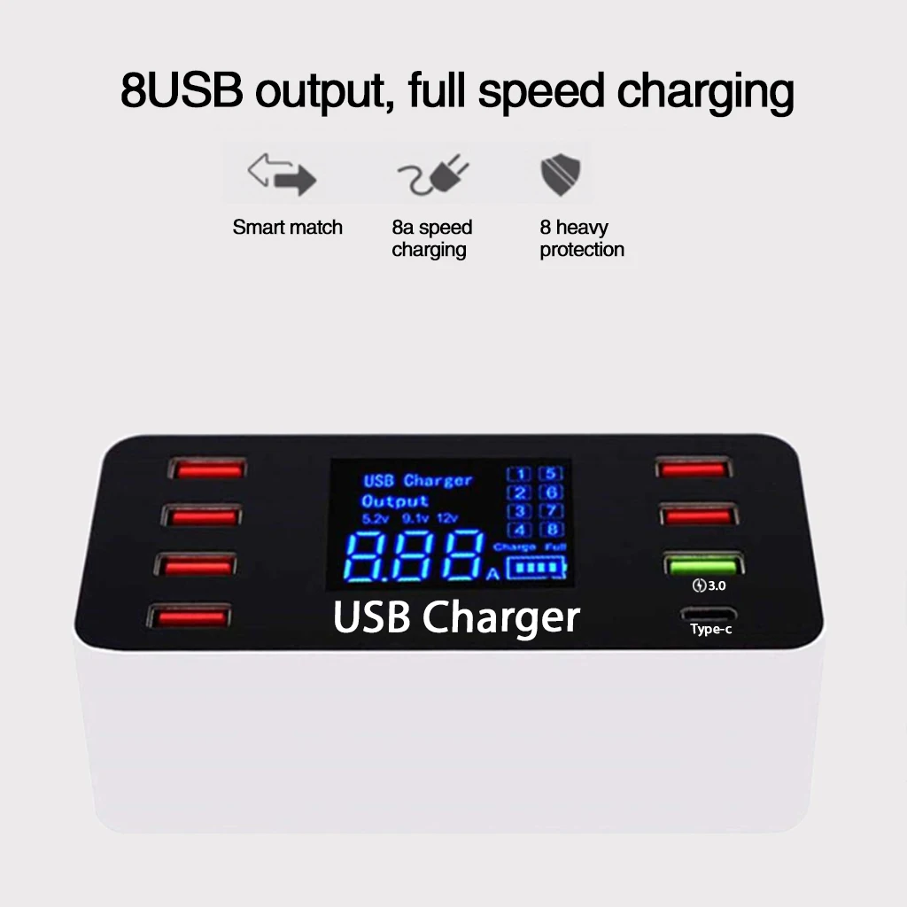 Цифровой ЖК-дисплей 8 портов USB зарядное устройство для мобильного телефона планшет быстрая зарядка QC3.0 type-C Быстрая зарядка головка 40 Вт XEDAIN