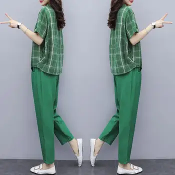 

2020 New Summer Women Cotton Linen Plaid Short Sleeve Blouse Tops + Ankle-Length Pants 2 Piece Set Ladies Clothes Suits Z03