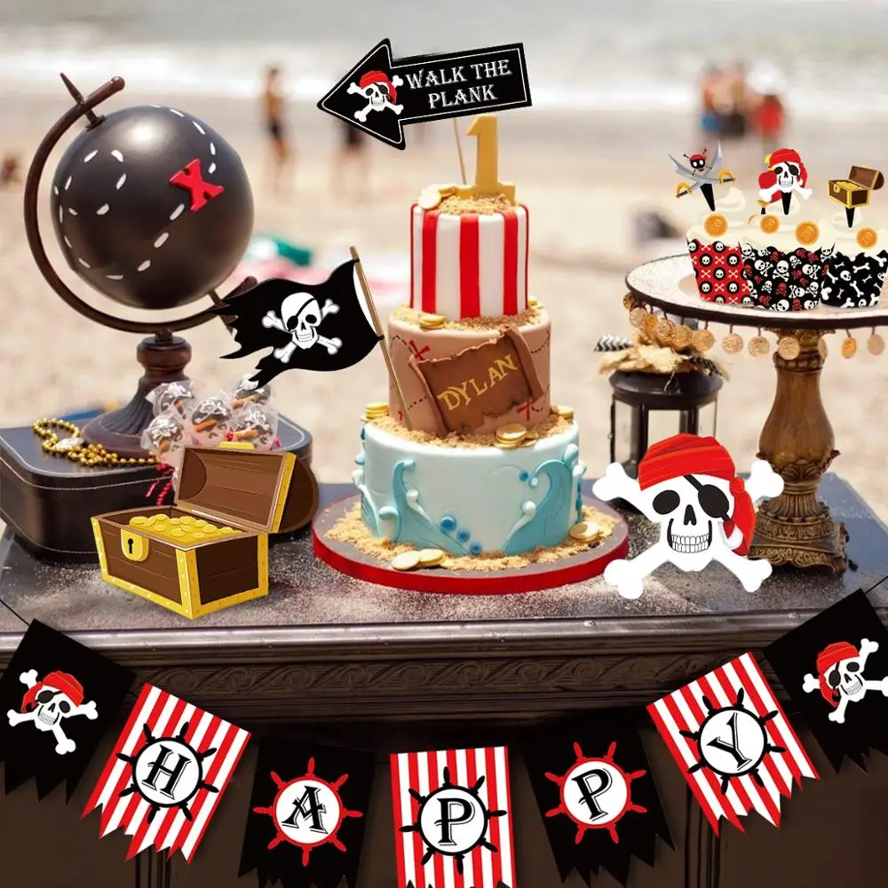 Pirate Theme Party Decor 1st Birthday Boy Party Decorations Kids One Year  Baby Shower Decor Pirate Disposable Tableware Supplies