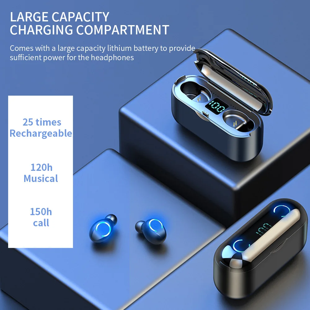 Беспроводные наушники Bluetooth 5,0 F9 TWS, беспроводные Bluetooth наушники, светодиодный дисплей, 2000 мАч, внешний аккумулятор, игровая гарнитура с микрофоном