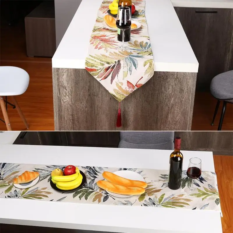 

Retro Tassel Leaves Jacquard Table Runners Restaurant Desk Flag Tables Cloth Tasseled Edge Table Decors Table Cover Tablecloth