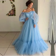 Новые длинные платья для выпускного вечера с открытыми плечами Robe De Soiree Небесно-Голубой тюль полный рукав вечерние платья Abendkleider
