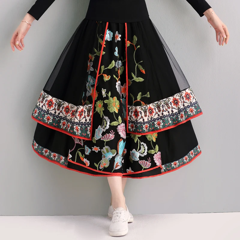 KYQIAO Этническая длинная юбка женская осень весна мексиканский стиль винтажное племя черное платье с вышивкой jupe femme