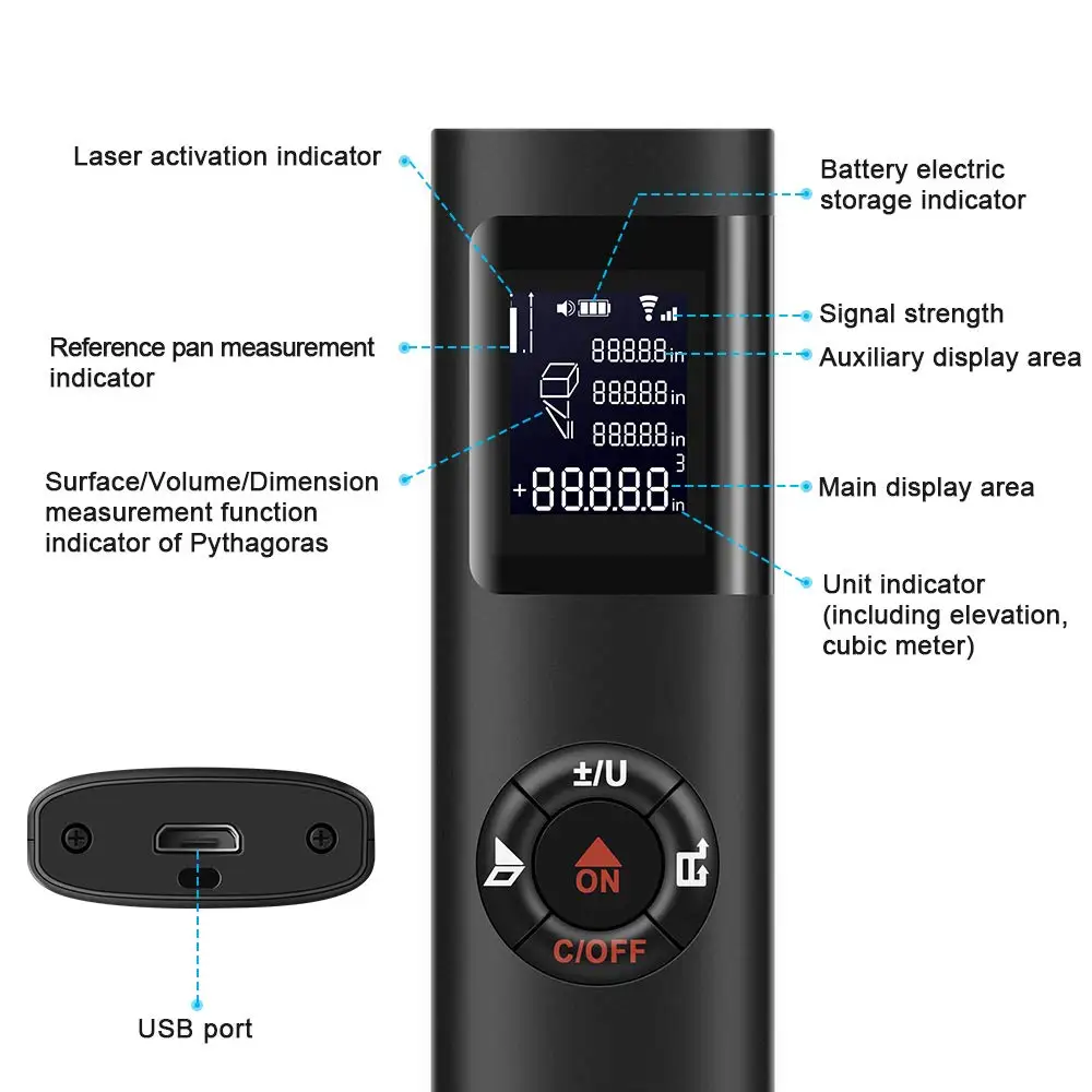 Ultra-portable Laser Distance Meter Smart Digital Handheld 40M Range Rangefinder Portable USB Charging Distance Measuring Meter