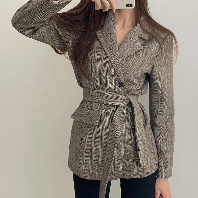 

Женский пиджак в стиле ретро Sungtin, повседневный элегантный свободный пиджак в Корейском стиле с поясом, Женский плотный теплый офисный пиджак с поясом