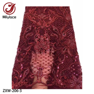 Image 3 - High Quality African Tulle Sequins with Hand Beaded Lace French Nigerian Lace Fabrics Embroidered Red Lace Fabric ZXW 206