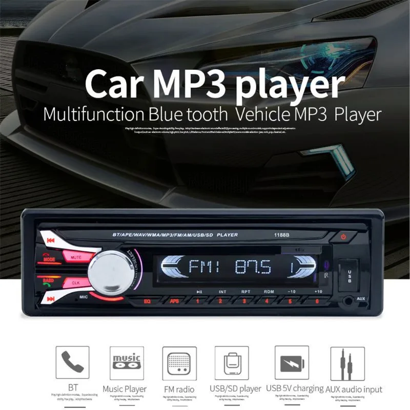 1 Набор многофункциональный 1188B Bluetooth автомобильный стерео 1Din плеер с держателем телефона в тире Автомобильный fm-радио Автомобильный mp3 плеер