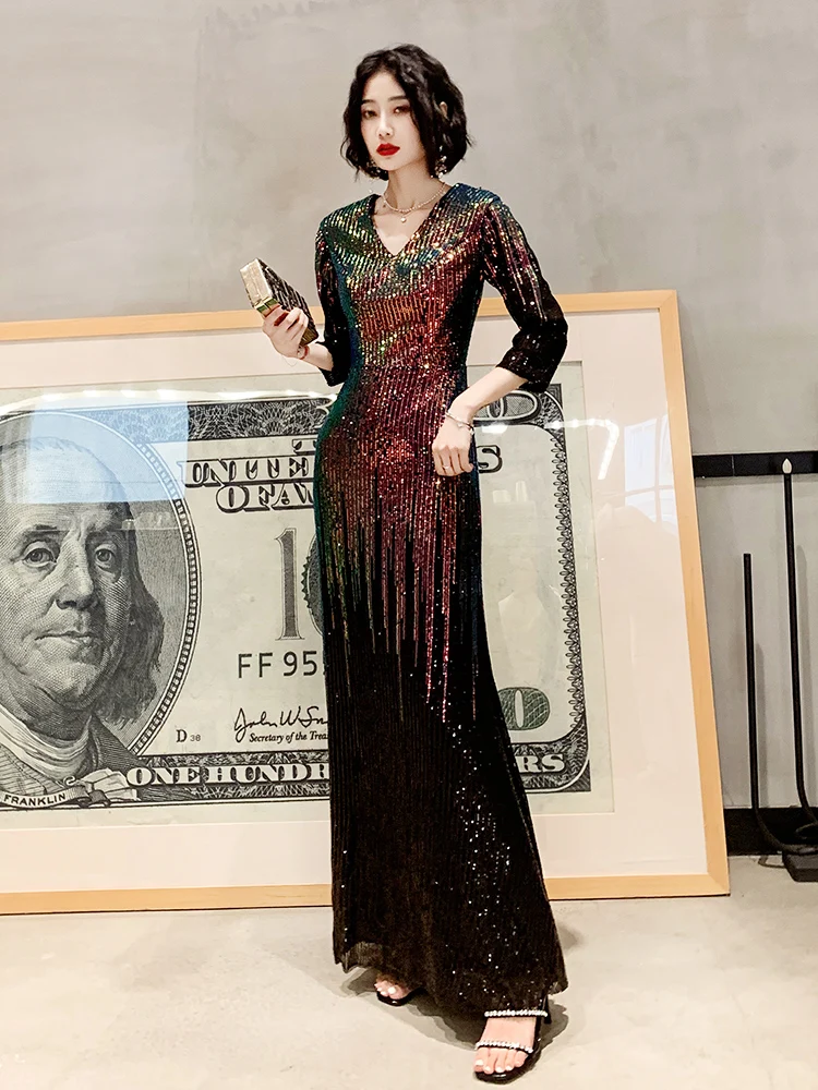AE637 Robe De Soiree Половина рукава Вечерние платья с v-образным вырезом русалка с блестками вечерние платья женские элегантные платья для вечеринки
