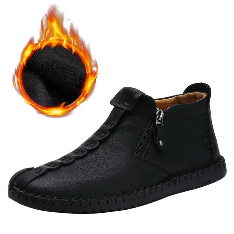 black fur HEFLASHOR/Бархатная Зимняя Теплая мужская повседневная кожаная обувь на шнуровке в деловом стиле для взрослых; однотонные полуботинки для студентов; chaussure homme - Цвет: black fur