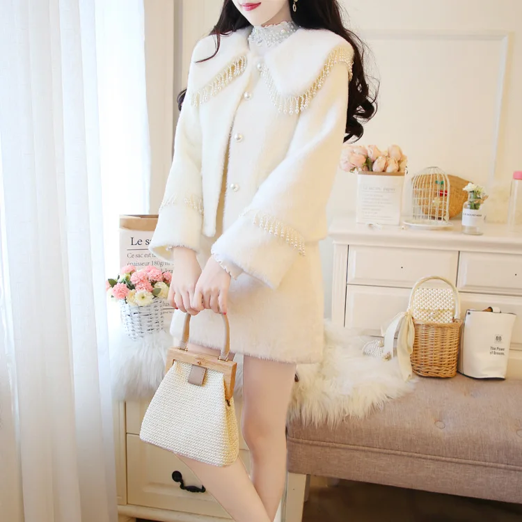 Two Piece Outfits for Women Heavy Industry Pearl Doll Collar Mink Short Coat Skirt Two-piece Suit