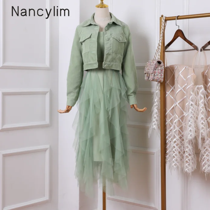 

Fall Long Dress Set Femme Small Lapel Jacket + Irregular Mesh Skirt Women's Two Piece Sets Corduroy Set Lady Student Outfits