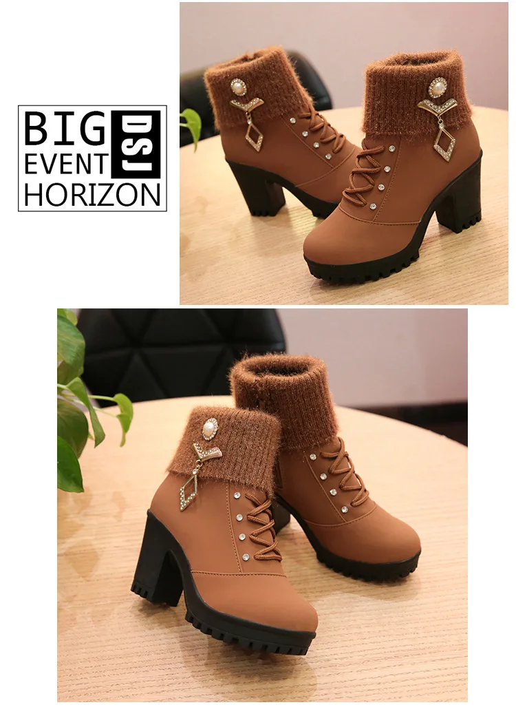 Autumn/Winter New Korean Plus Velvet High Heeled Women's Boots HairY Mouth Bold with Martin Boots Set Up Warm Short Boots
