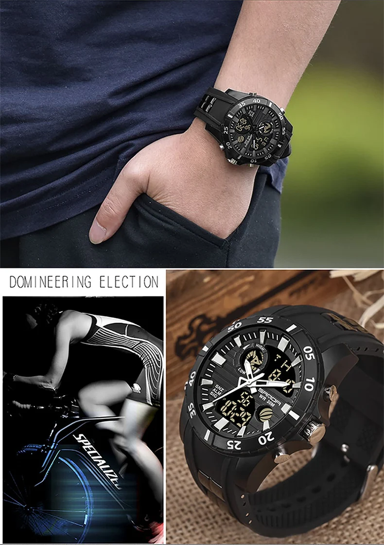 SANDA, мужские кварцевые часы, для спорта на открытом воздухе, двойное время, водонепроницаемые, стоп-ретранслятор часов, светящиеся, двойное движение, мужские цифровые часы
