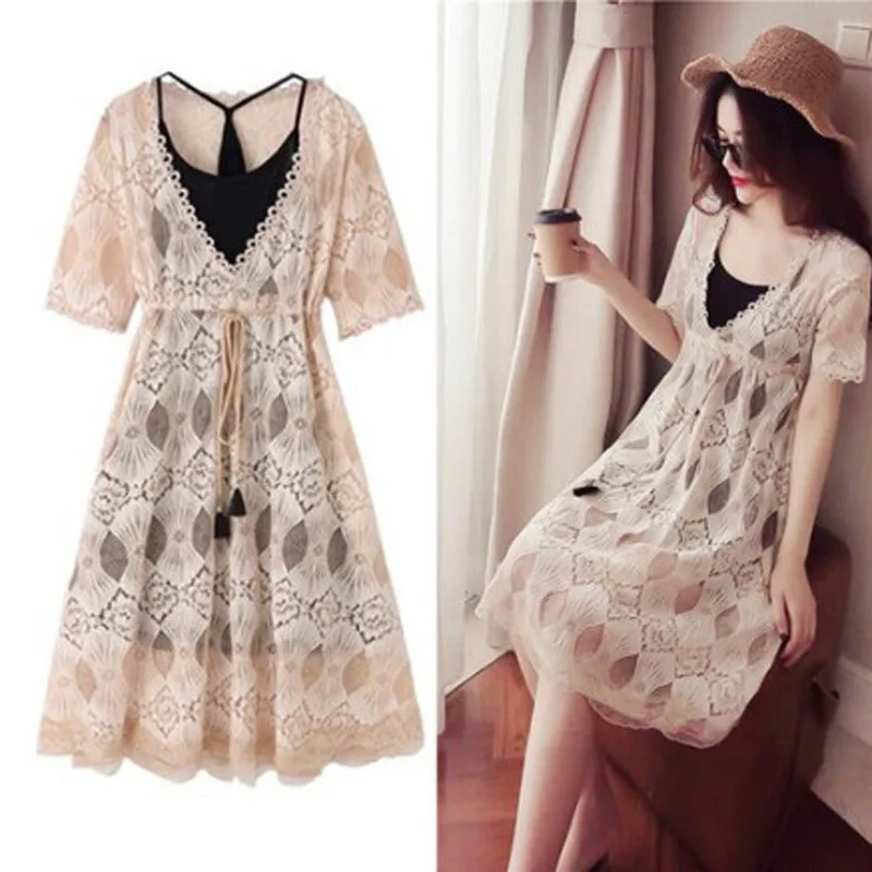 

2020 autumn women's sexy oversize thin skin cover belly dress two piece set plus fat size women's fat women's lace