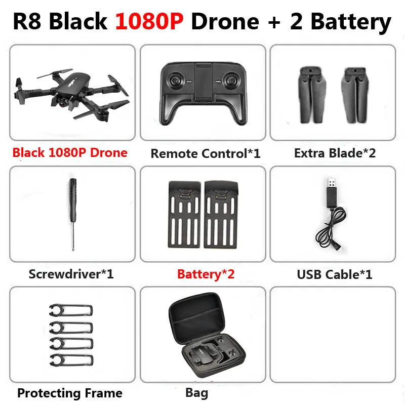 R8 1808 дрон с двойной камерой 1080P 4K PX1600W HD WiFi FPV оптический поток автоматическая красота RC квадрокоптер вертолет XS816 SG106 - Цвет: Black 1080P 2B Bag