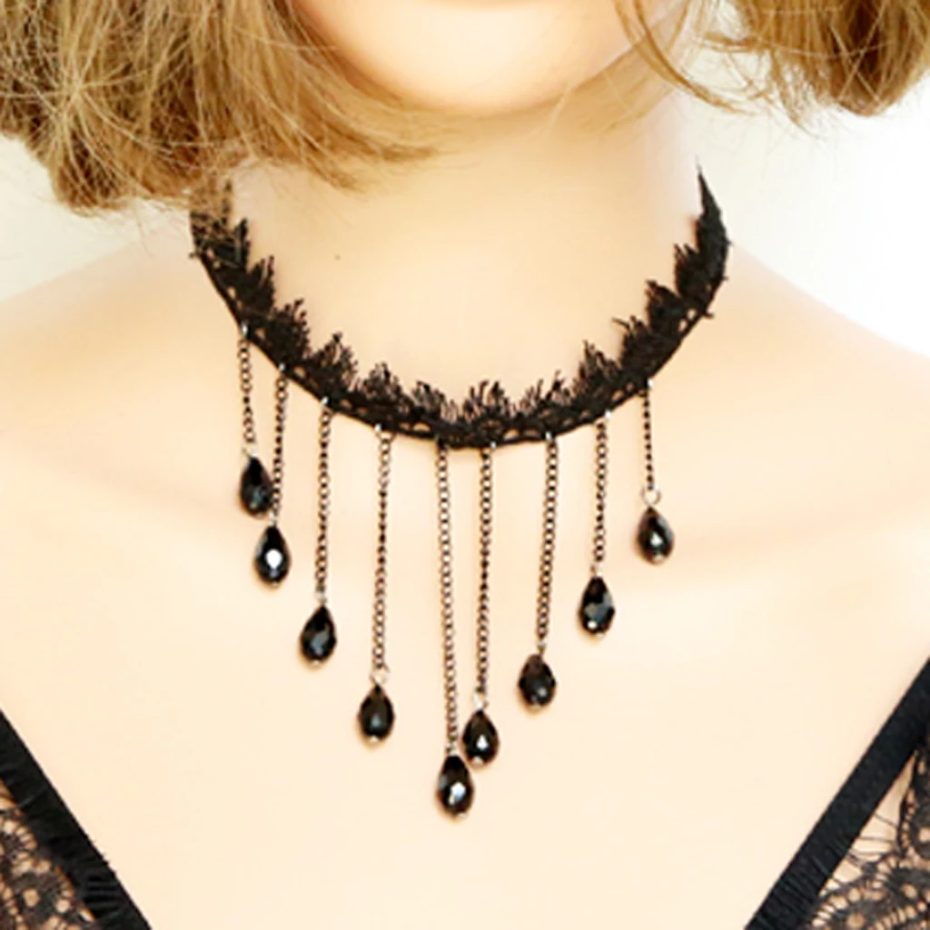 Wedding Party Beads Rhinestone Tassels Chain Pendant Gothic Necklace for Women Vintage Punk Black Lace Choker 