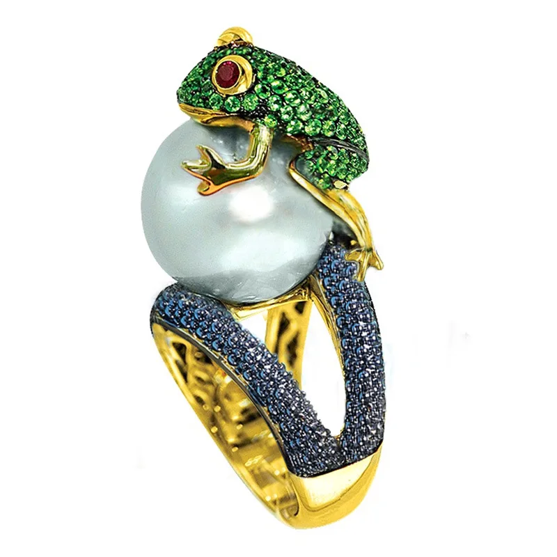 

MOONROCY Imitation Pearl Ring Gold Color CZ Rings Frog Animal For Women Gift Dropshiping Party New Jewelry Wholesale Gift