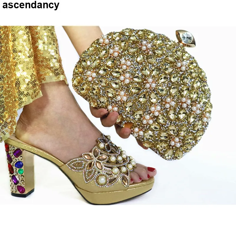 

New Arrival Shoes and Bags To Match on Sale Luxury Shoes Women Designers Nigerian Bag and Shoe Set Decorated with Rhinestone