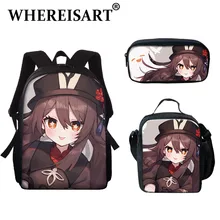 

WHEREISART Hot Game Genshin Impact Teenager 3pcs/Set Backpack Schoobag Cute Hu Tao Pattern Pencil Case Exquisite Cartoon Bags