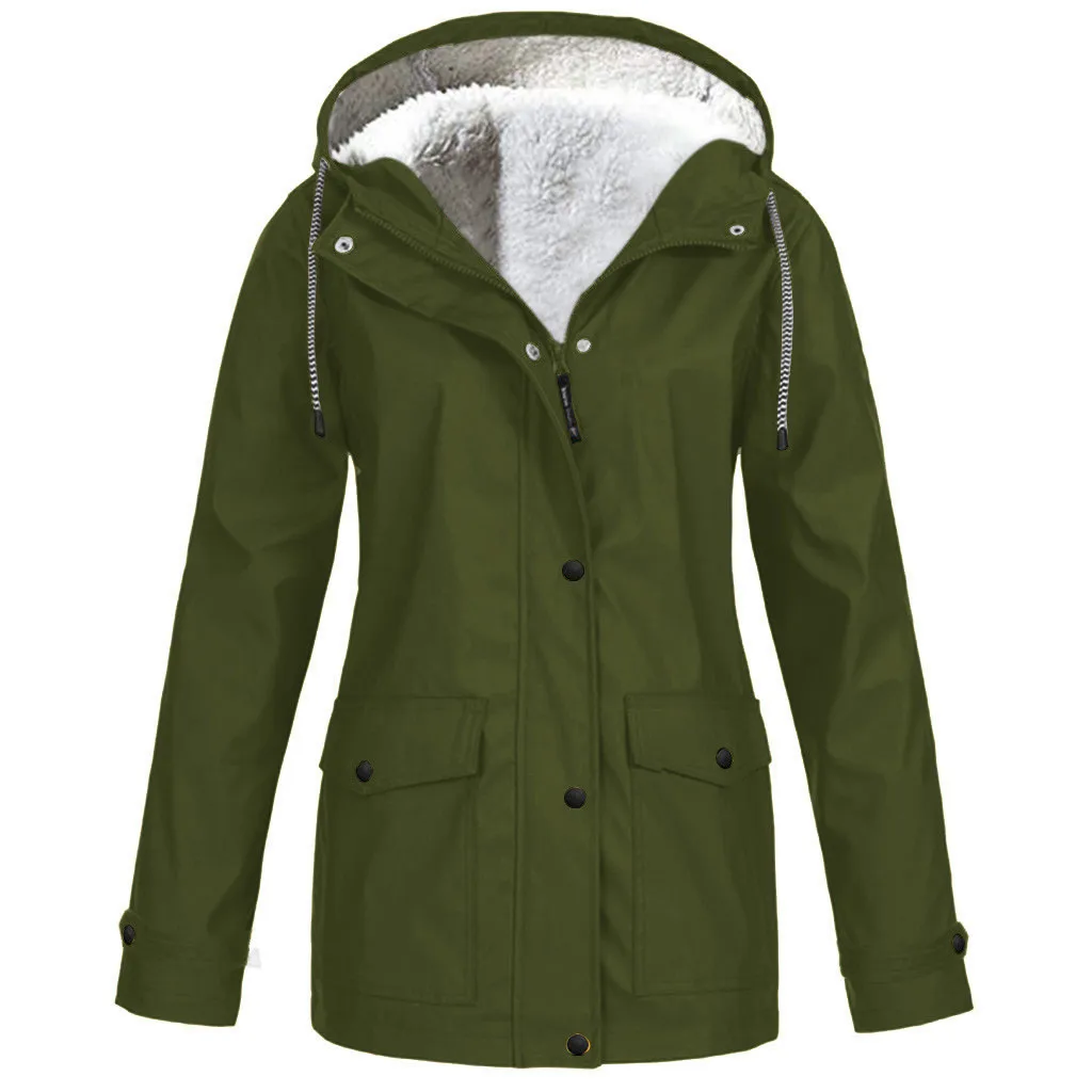 

Women Solid Plush Thickening Jacket Outdoor Sprots Jackets Plus Size Tops Windproof Hooded Coat Fashion Female Green Windbreaker