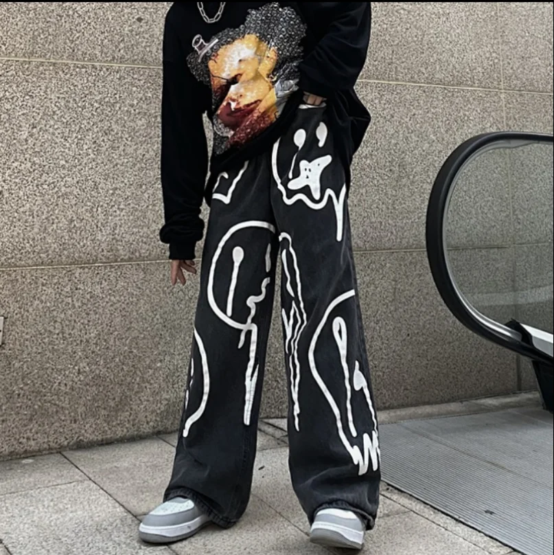 New Spring Fashion Ins Street Hip-hop Printing Wash Jeans Loose Casual Denim Wide Leg Pants Tide Woman Long Trousers