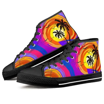 

High Quality Custom Women Canvas Shoes 2020 Summer High Top Flats Vulcanized Shoes Factory Outlet Hawaii Beach Coconut Tree