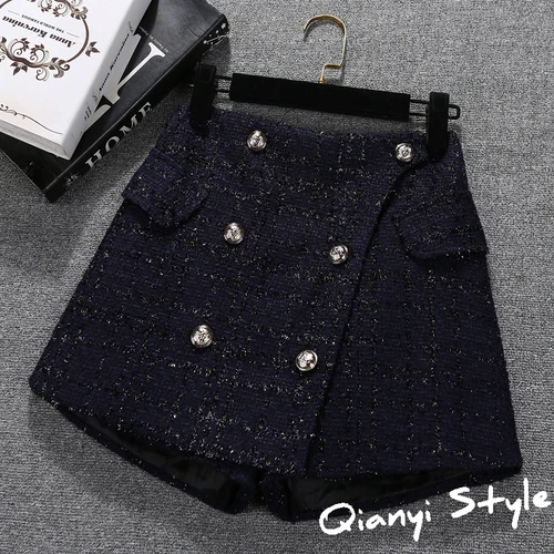 Skirt Shorts Autumn Winter Clothes Womens New Loose High Waist Bright Silk Small Fragrance Shorts Ladies Boots Shorts Short - Цвет: Синий