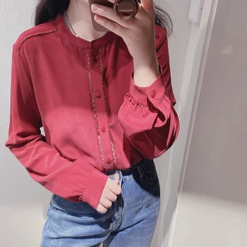 

Women Shirt Lace Patch Silk Long Sleeve Shirt