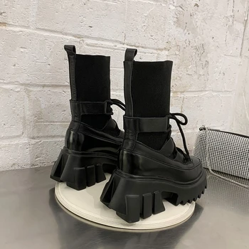 

2020 Winter Woman Fashion Black Sock Boots Ulzzang Platform Ankle Boots Brand Women's Round Toe Shoes Women Thick Sole Boots 7cm