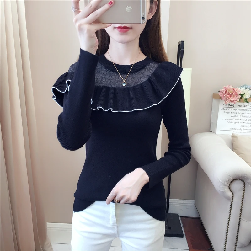 Кружево зимний джемпер с круглым вырезом пуловеры оборками Для женщин пикантные