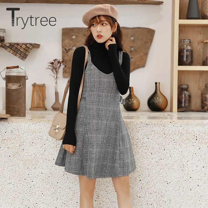 Trytree, осенне-зимний комплект из двух предметов, Повседневный свитер с высоким воротом, вязаный Топ+ платье на бретельках, клетчатый комплект трапециевидной формы, комплект из 2 предметов