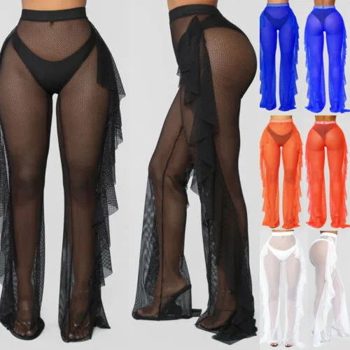 Sexy Womens Mesh Sheer Pants Trousers Bikini Cover Up Beach Wide Leg Swimwear