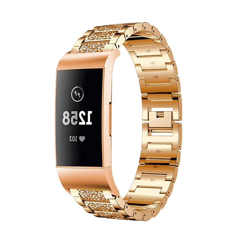 Для Fitbit Charge 3 Смарт-часы ремешок Роскошный горный хрусталь Нержавеющая сталь ремешок для часов серебристый черный золотистый кулончик 4 цвета