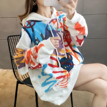 

Autumn Graffiti Women Korean Style Gray White Loose Fit Sweatshirt Oversize Long Sleeve Harajuku Hoodie Free Shipping 2020