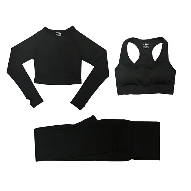 2/3/5PCS Women Sportswear Yoga Set Gym Clothing Tracksuit Long Sleeve Crop Top High Waist Seamless Leggings Fitness Sports Suits 3pcs black