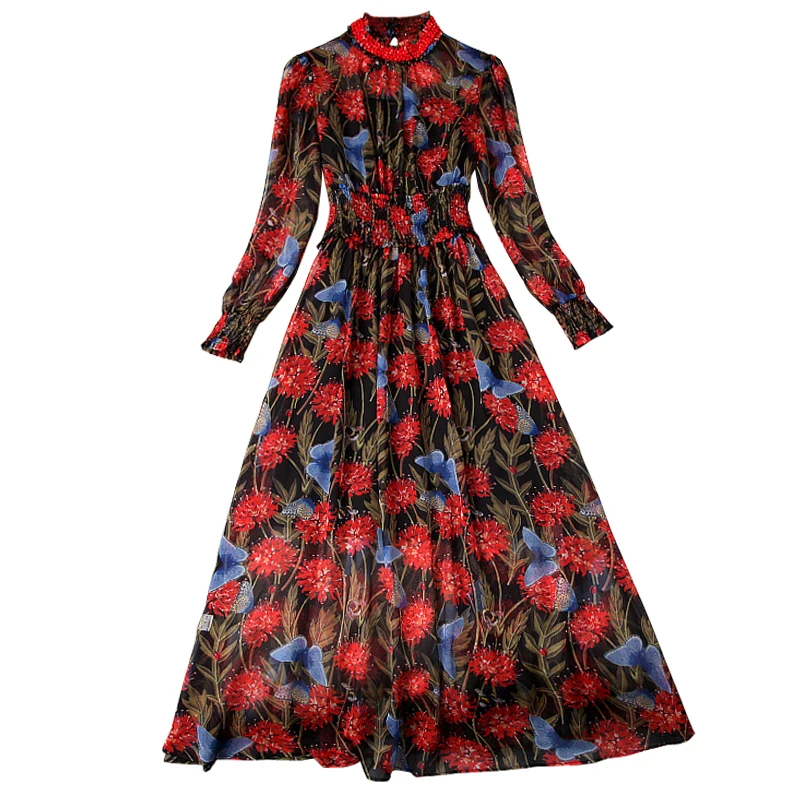 Ladies Flower Vintage Dress New High Quality Spring Summer Bohemian Print Long Dress Xl Fashion Women Beading Party Dresses