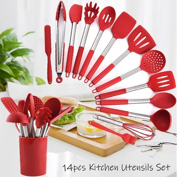 

Kitchen Utensils Set 14 pcs Silicone Cooking Kitchen Utensils Set with Heat Resistant BPA-Free Silicone and Stainless Steel Hand
