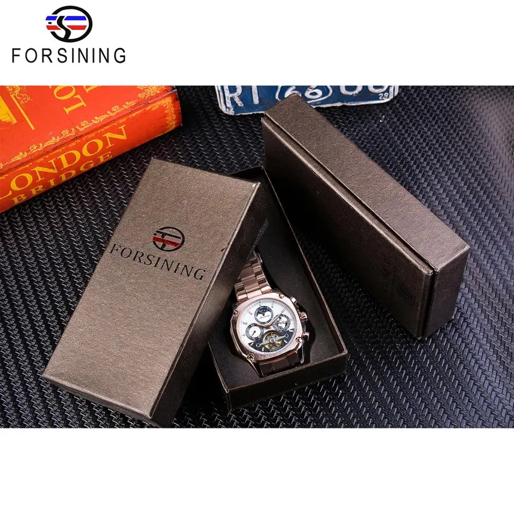 Forsining дизайнерские automatic Tourbillon часы мужские розовое золото Moonphase Дата Скелет механический пилот стальной ремешок Montre Homme