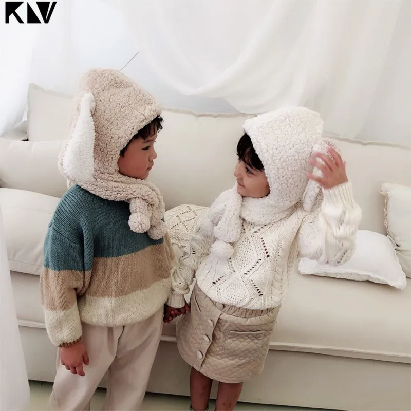 KLV дети девочка мальчик зима милый кролик длинное ухо флис ягненка плюшевая теплая шапка шарф набор