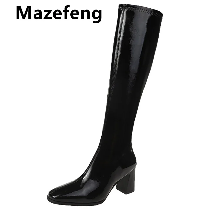 

Mazefeng Women's Over Knee Boots Patent Leatherette Pointed Toe Thick High Heels Female Fur Autumn Winter Boots Plus Size 35-40