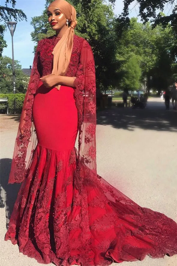 Half Lace Jewel Sleeves Red Peals Mermaid Elegant Evening Dresses (1)