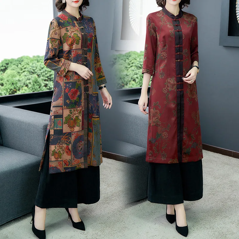 

Spring And Summer Real Silk Silk Dress National Wind Chinese Costume Women's Festive Color Middle-aged Mom Mulberry Silk Set