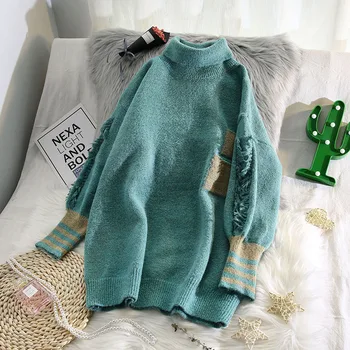 

turtleneck knitted women sweaters lantern sleeved loose thicken warm winter new lady pulls outwear coat tops