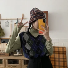 Осень и зима корейский стиль плед цветной Пэчворк без рукавов свитер с v-образным вырезом трикотажные жилеты женские(J8885