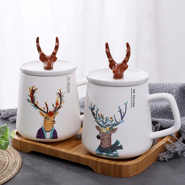 ZOUNICH Ceramics Mug Deer Coffee Cup White With Cover Cute Milk Cup
Heat-resistant Cup Creative Christmas Gift 450ML