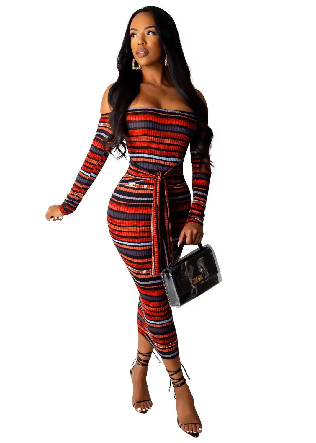 red dress Adogirl Радужное красочное Полосатое платье миди с открытыми плечами сексуальное платье с вырезом лодочкой и длинным рукавом облегающее Клубное платье женская модная одежда - Цвет: red dress